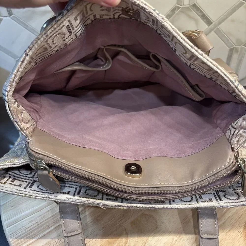 Vintage Liz Claiborne Handbag Beige Silver Two Handle Monogram Satchel Y2K